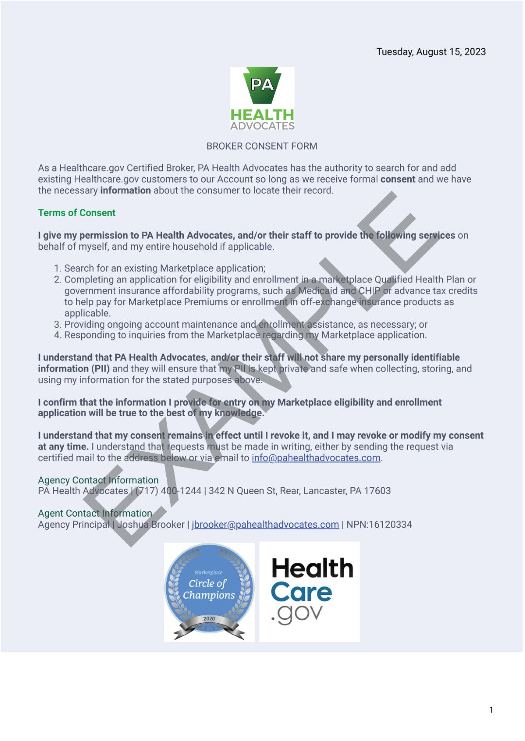 Example of Consent Document - Page One