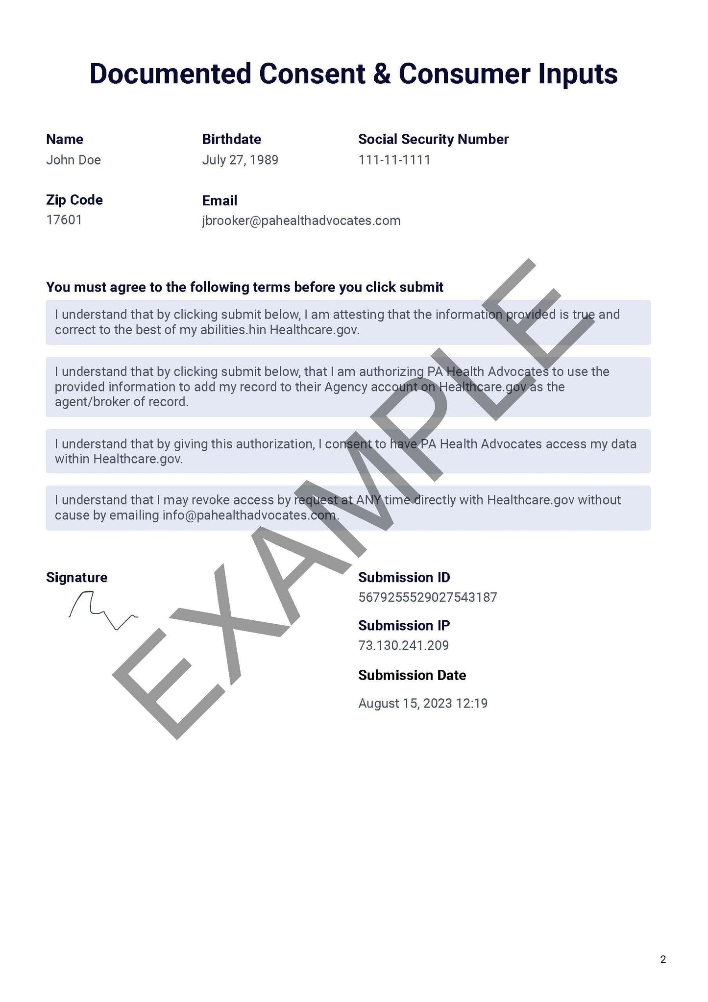 Example of Consent Document - Page Two